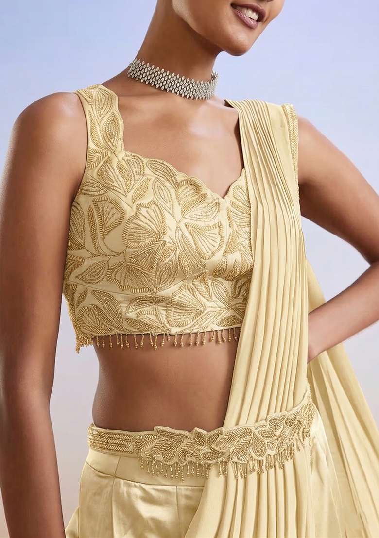 Cream Embroidered Handwork Pre Draped Saree Set - Indya