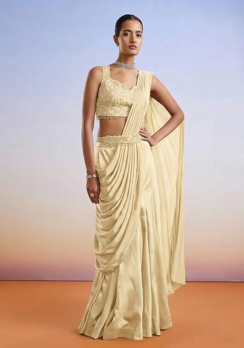 Cream  Embroidered Handwork  Pre Draped Saree Set