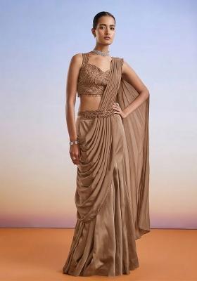 Brown Embroidered Handwork  Pre Draped Saree Set