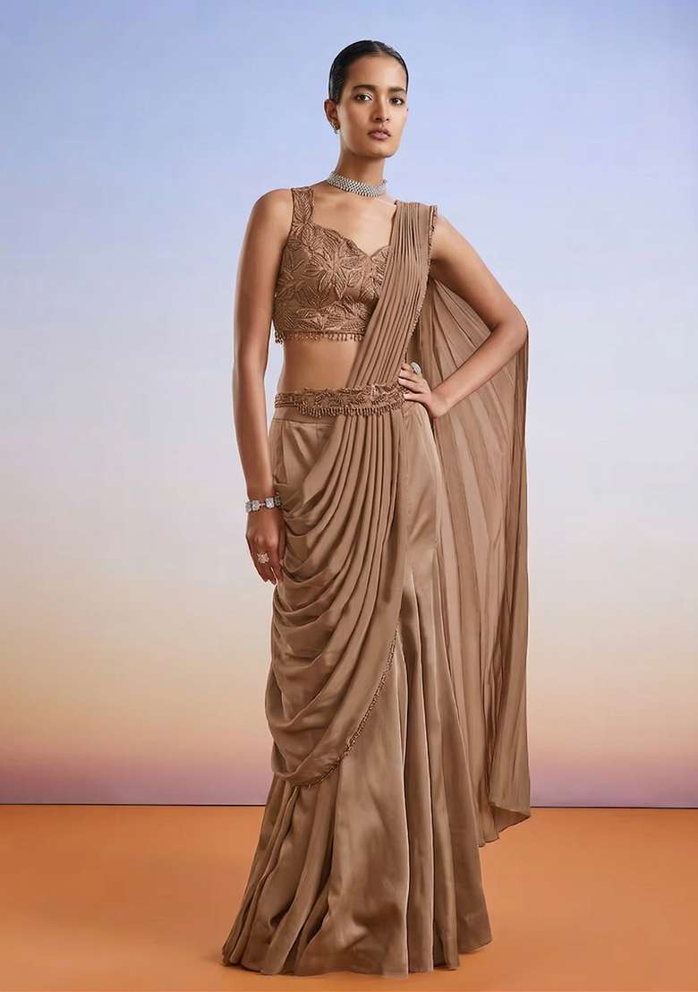 Brown Embroidered Handwork Pre Draped Saree Set - Indya