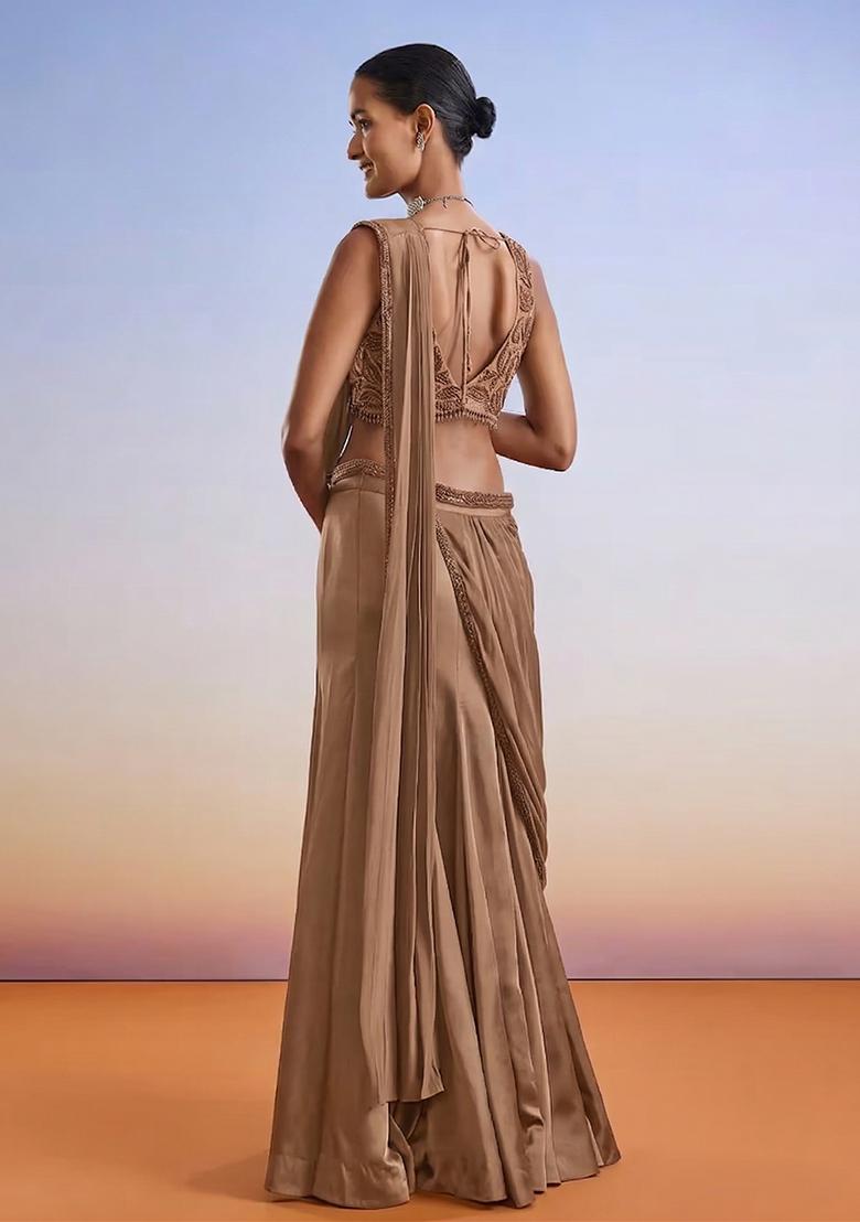 Brown Embroidered Handwork Pre Draped Saree Set - Indya