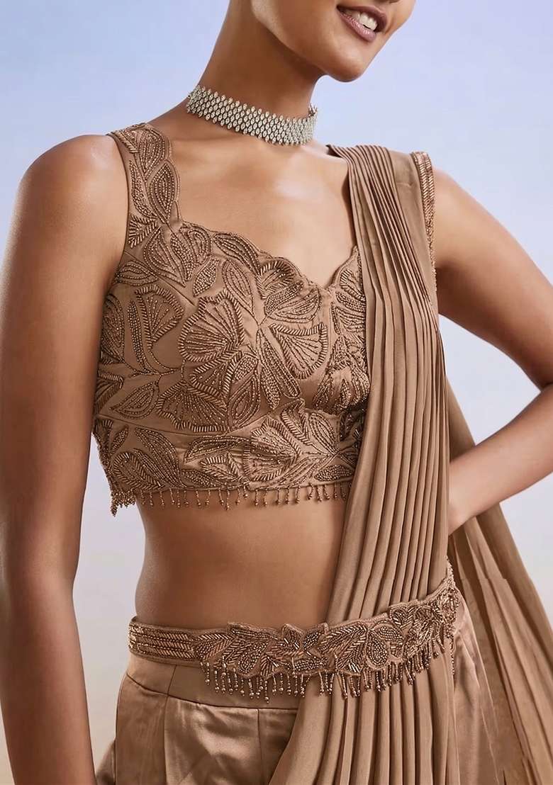 Brown Embroidered Handwork Pre Draped Saree Set - Indya