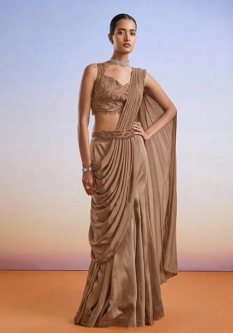 Brown Embroidered Handwork  Pre Draped Saree Set