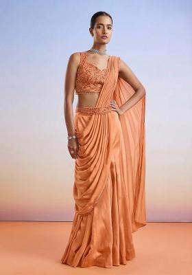 Peach Embroidered Handwork  Pre Draped Saree Set