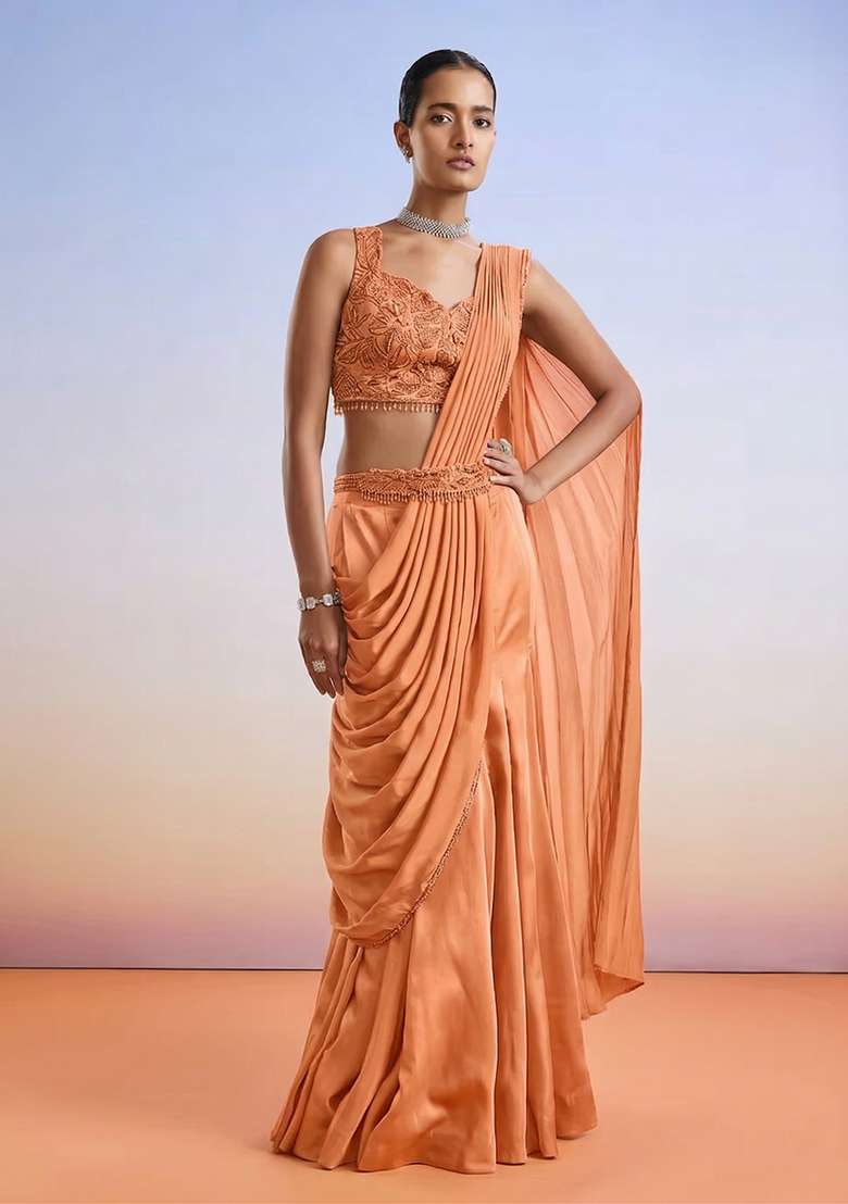 Peach Embroidered Handwork Pre Draped Saree Set - Indya