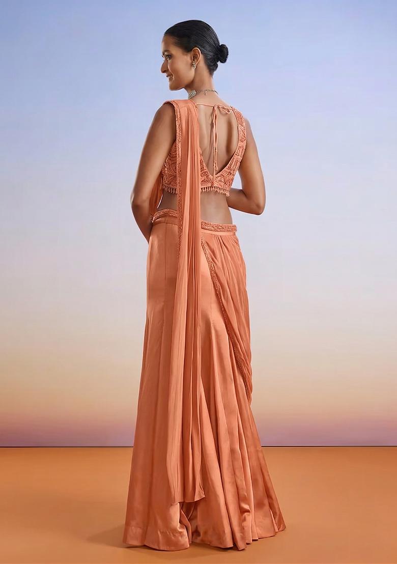Peach Embroidered Handwork Pre Draped Saree Set - Indya