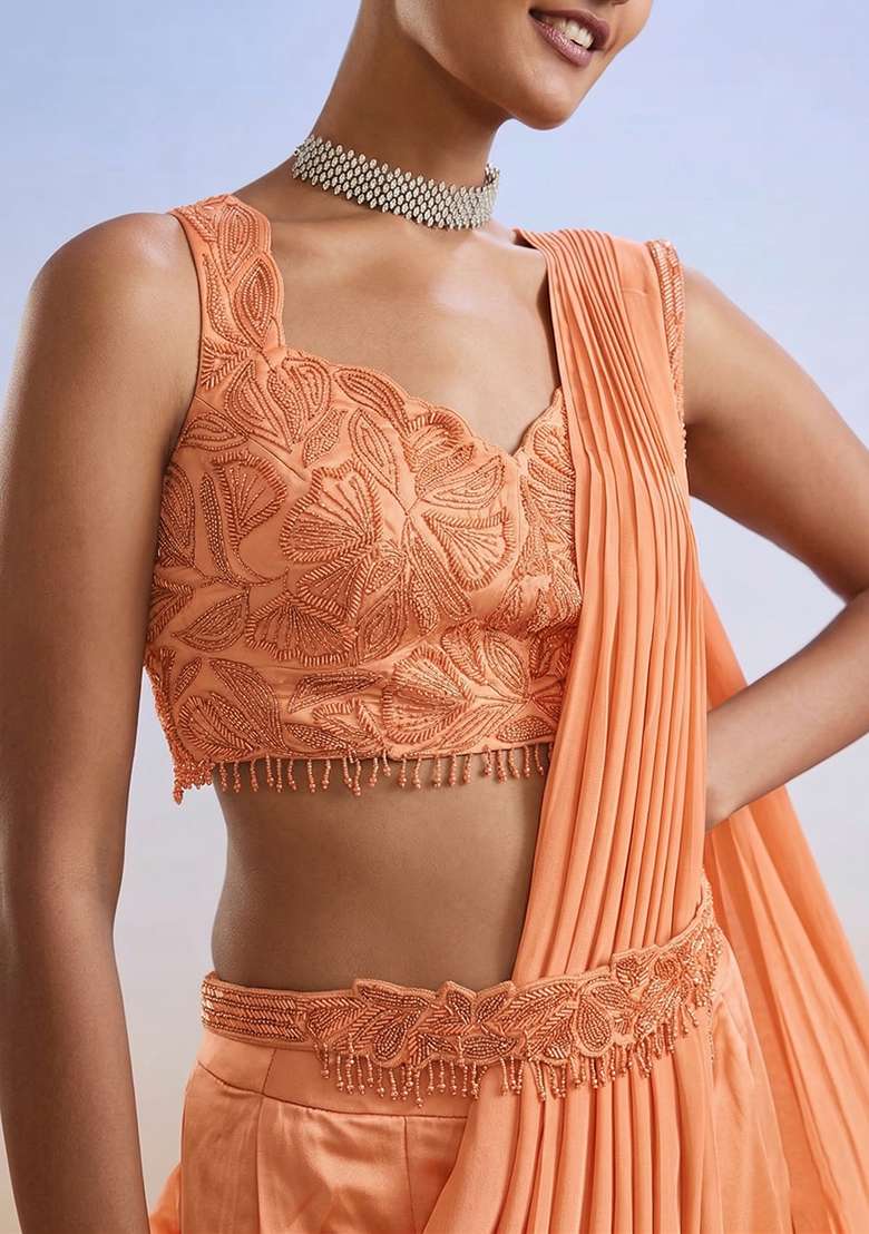 Peach Embroidered Handwork Pre Draped Saree Set - Indya