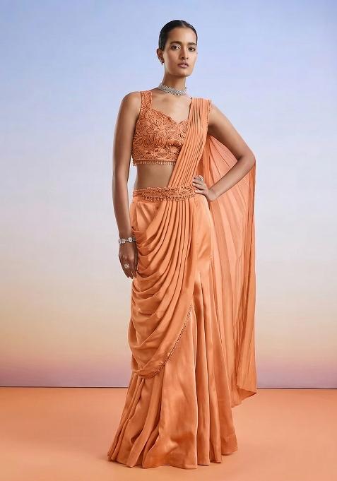 Peach Embroidered Handwork  Pre Draped Saree Set