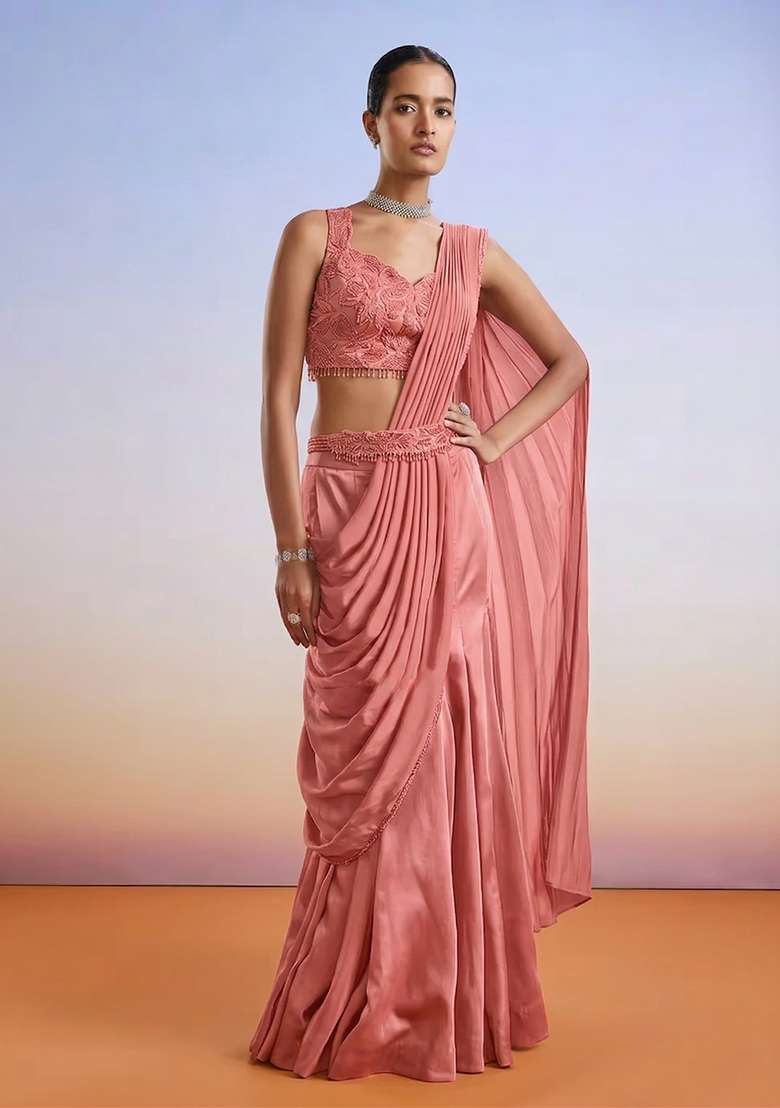 Rose Pink Embroidered Handwork Pre Draped Saree Set - Indya