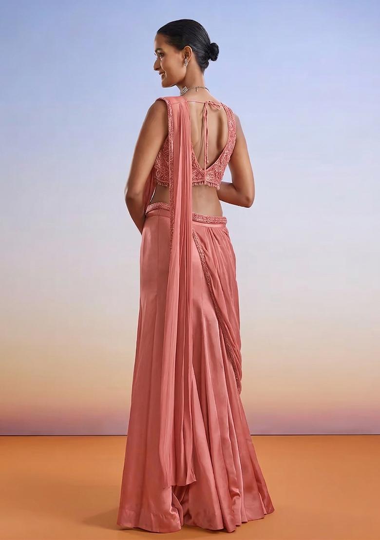 Rose Pink Embroidered Handwork Pre Draped Saree Set - Indya