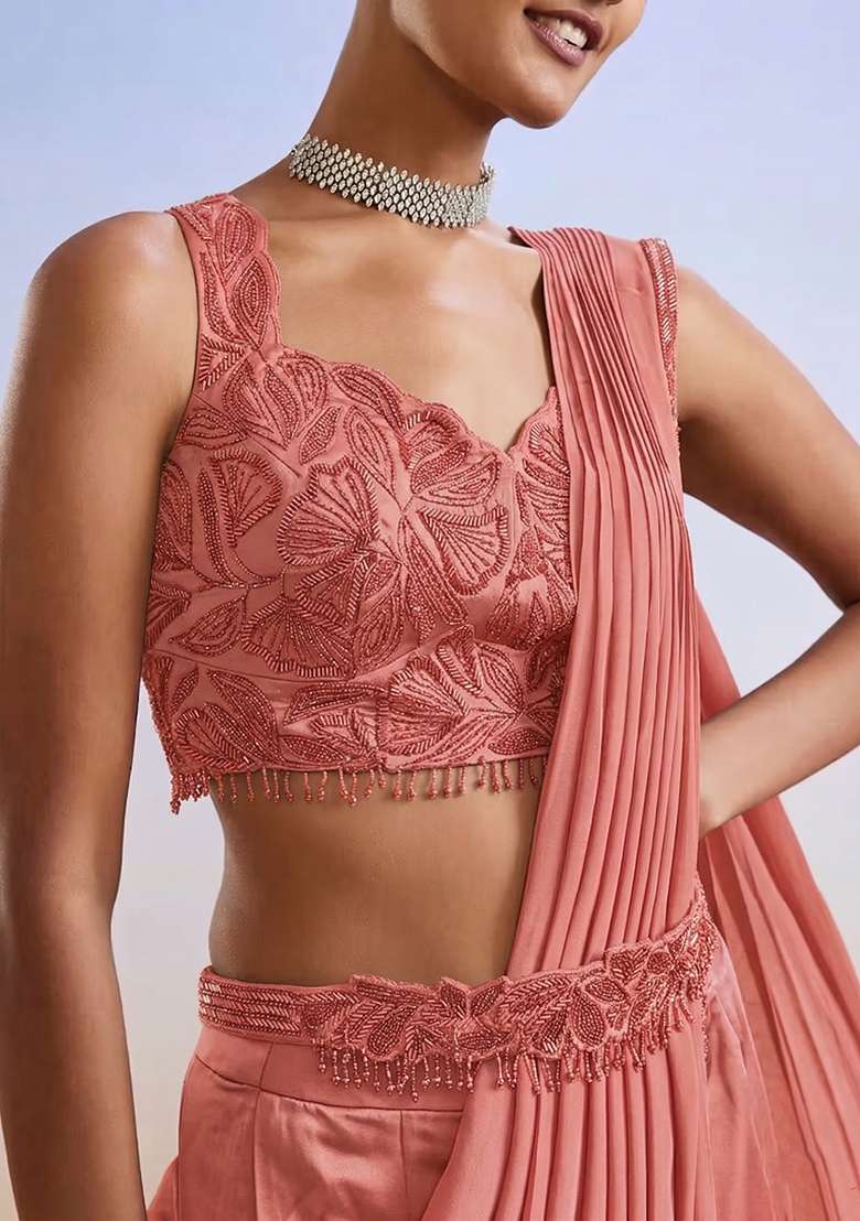 Rose Pink Embroidered Handwork Pre Draped Saree Set - Indya