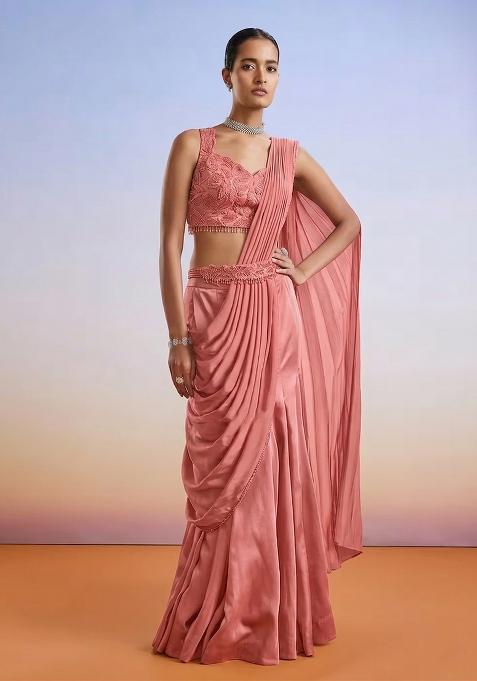 Rose Pink Embroidered Handwork  Pre Draped Saree Set