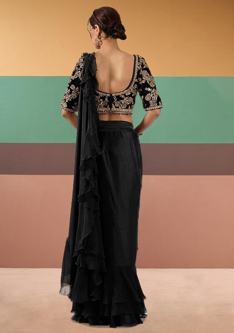 Jet Black Embroidered Handwork Pre Draped Saree Set - Indya