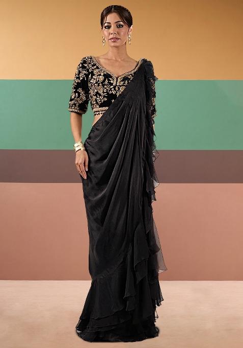 Jet Black Embroidered Handwork  Pre Draped Saree Set