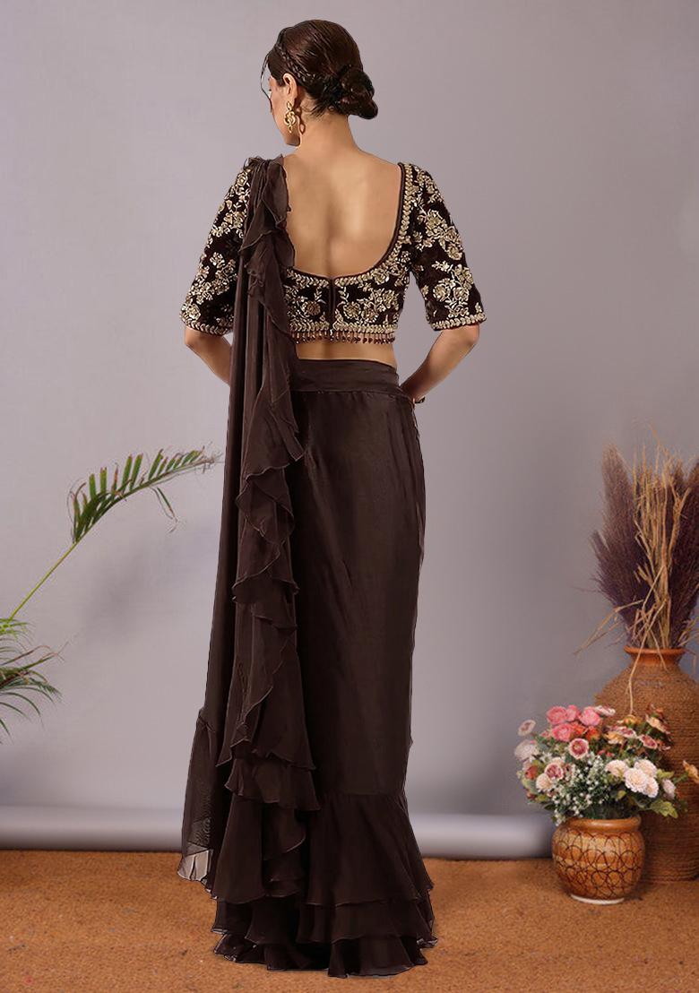 Dark Brown Embroidered Handwork Pre Draped Saree Set - Indya