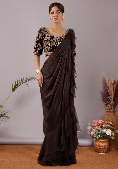 Dark Brown Embroidered Handwork  Pre Draped Saree Set