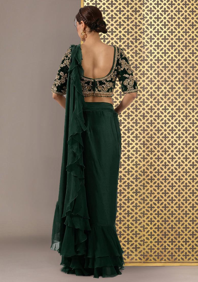 Emerald Green Embroidered Handwork  Pre Draped Saree Set - Indya