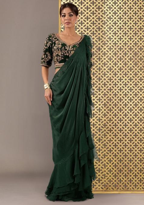 Emerald Green Embroidered Handwork  Pre Draped Saree Set