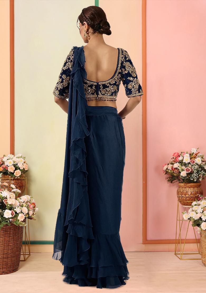 Navy Blue Embroidered Handwork Pre Draped Saree Set - Indya