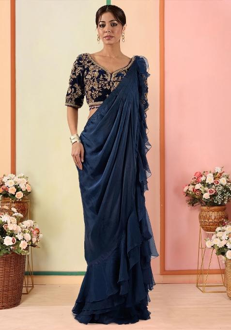 Navy Blue Embroidered Handwork  Pre Draped Saree Set