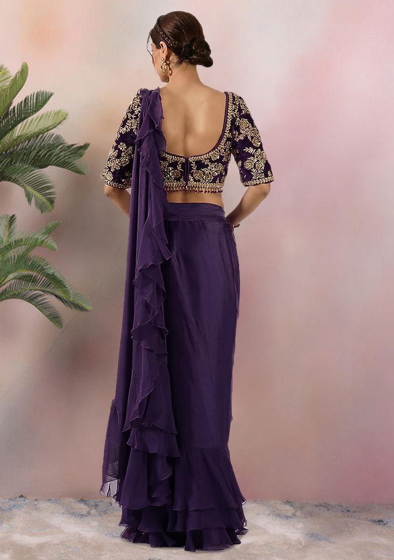 Purple Embroidered Handwork Pre Draped Saree Set - Indya