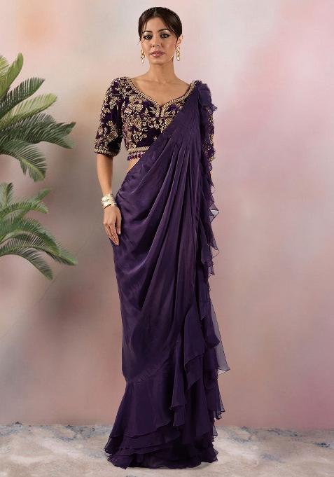 Purple Embroidered Handwork  Pre Draped Saree Set