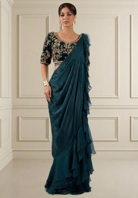 Teal Blue Embroidered Handwork  Pre Draped Saree Set