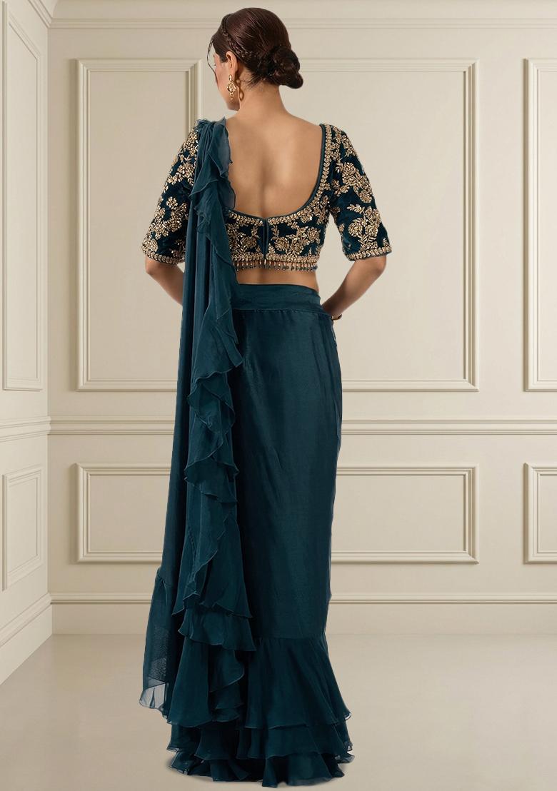Teal Blue Embroidered Handwork Pre Draped Saree Set - Indya