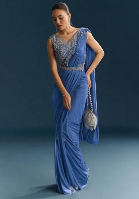 Steel Blue Embroidered Handwork  Pre Draped Saree Set