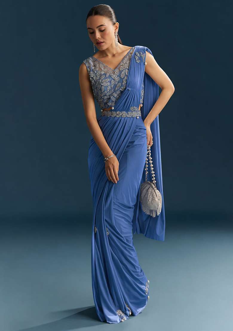 Steel Blue Embroidered Handwork Pre Draped Saree Set - Indya