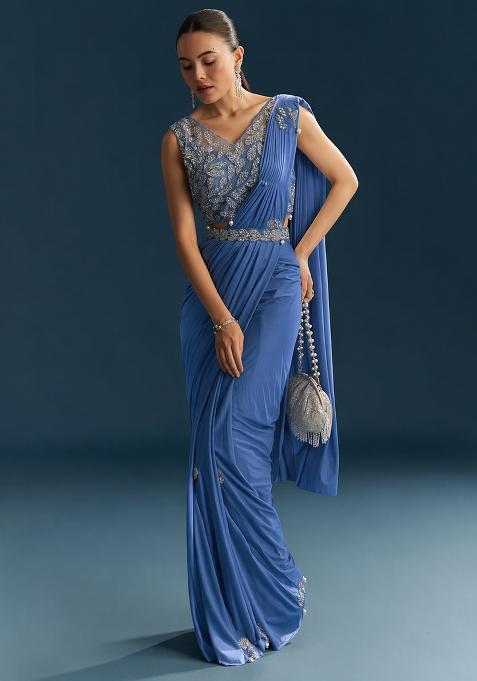 Steel Blue Embroidered Handwork  Pre Draped Saree Set