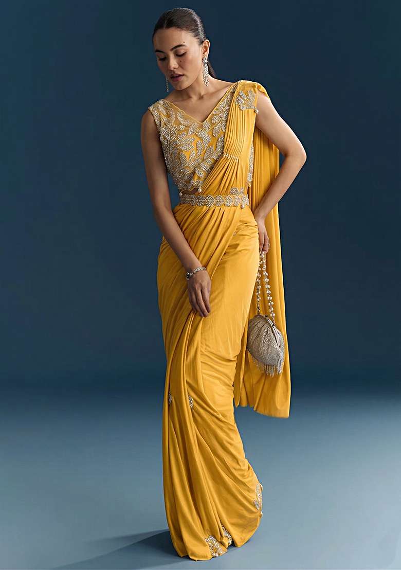 Yellow Embroidered Handwork Pre Draped Saree Set - Indya