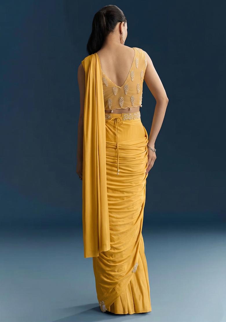 Yellow Embroidered Handwork Pre Draped Saree Set - Indya