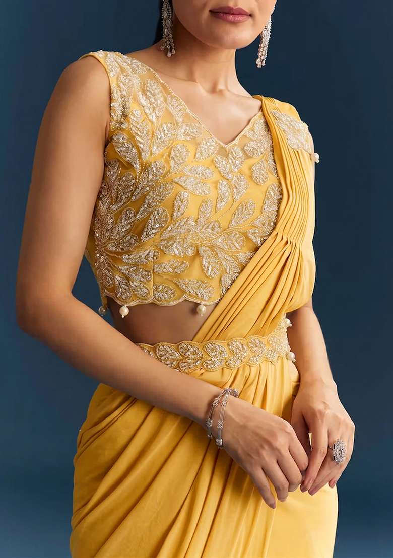 Yellow Embroidered Handwork Pre Draped Saree Set - Indya