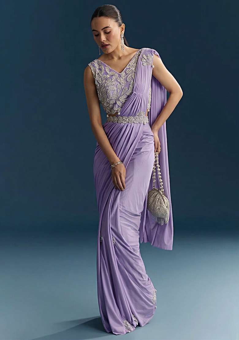 Lavendar Embroidered Handwork Pre Draped Saree Set - Indya