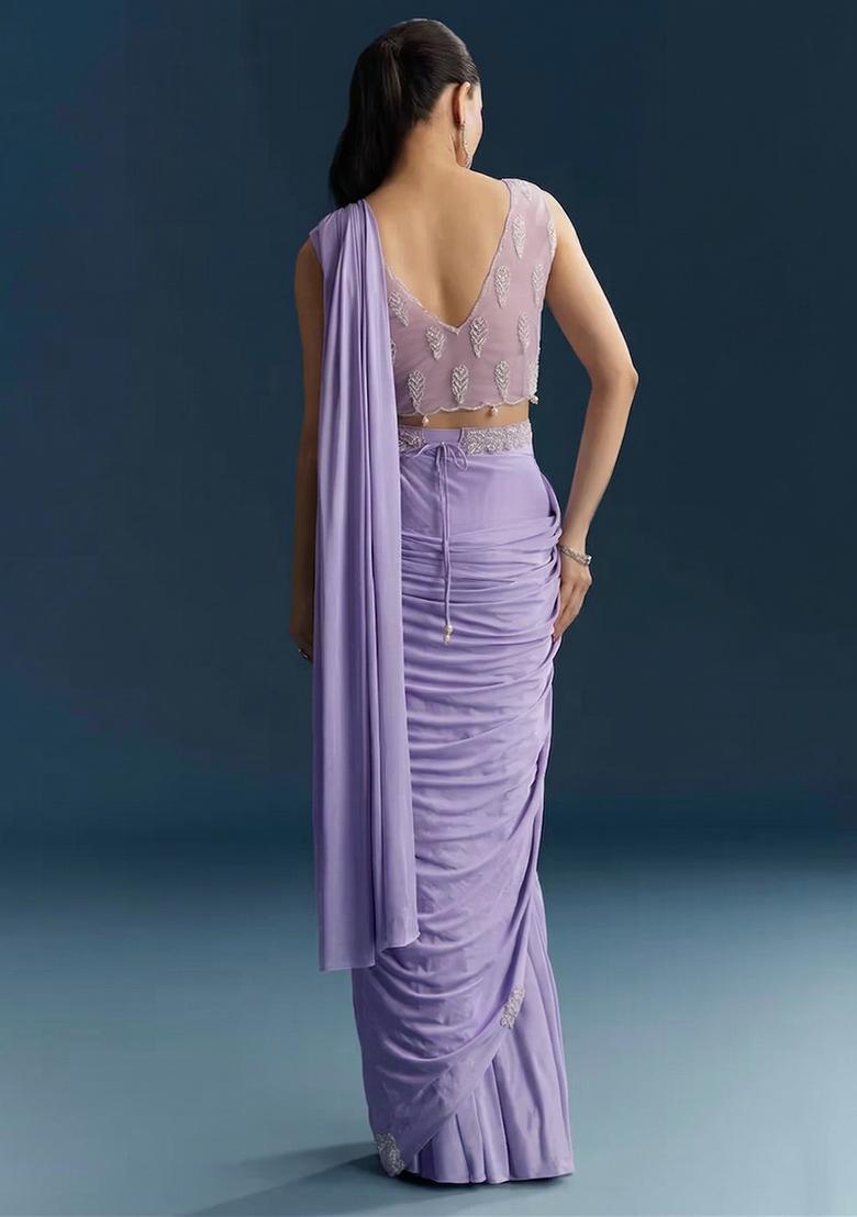 Lavendar Embroidered Handwork Pre Draped Saree Set - Indya