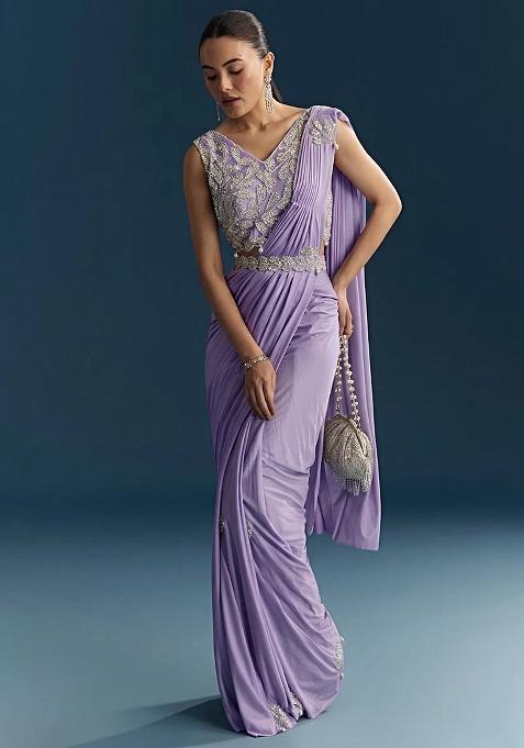 Lavendar Embroidered Handwork  Pre Draped Saree Set