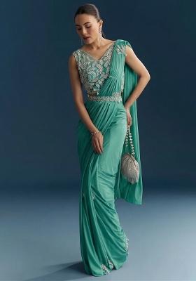 Aqua Blue Embroidered Handwork Pre Draped Saree Set