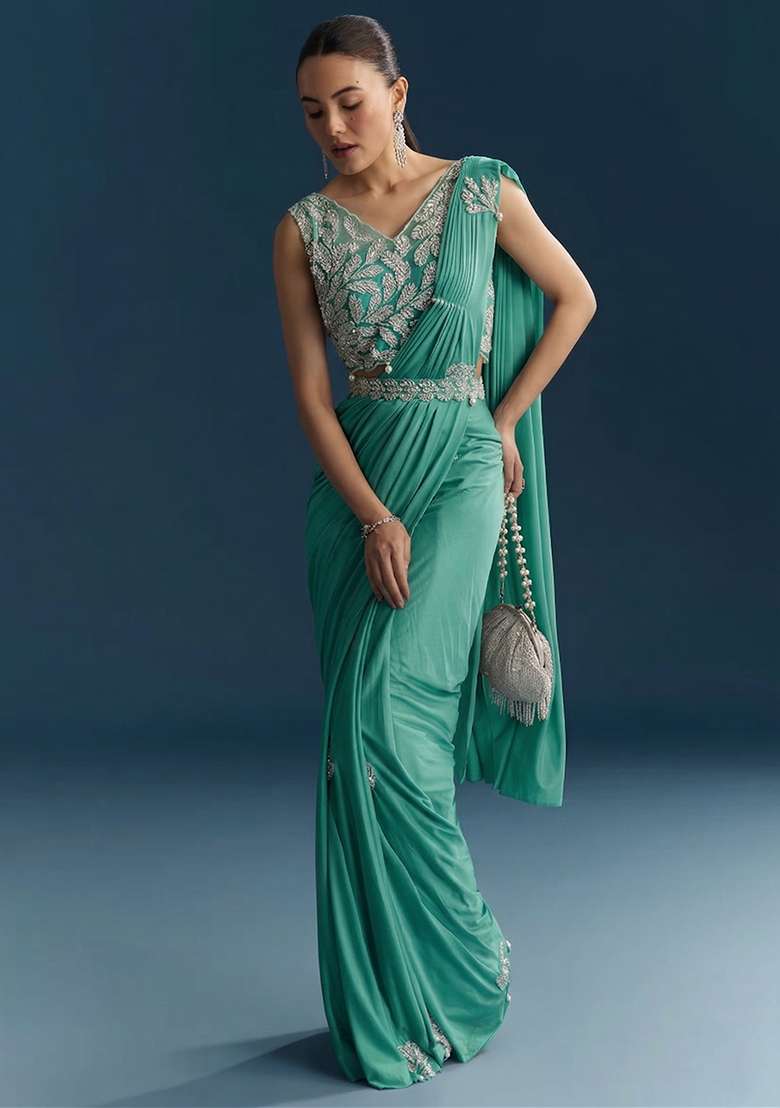Aqua Blue Embroidered Handwork Pre Draped Saree Set - Indya