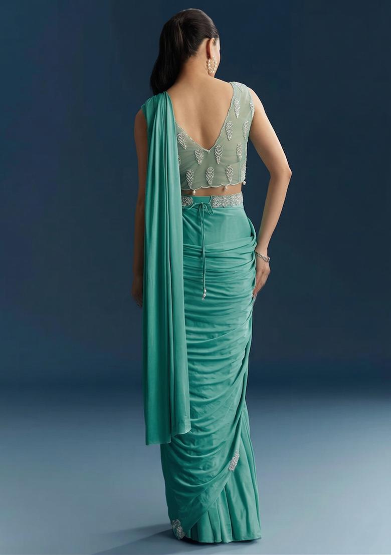 Aqua Blue Embroidered Handwork Pre Draped Saree Set - Indya
