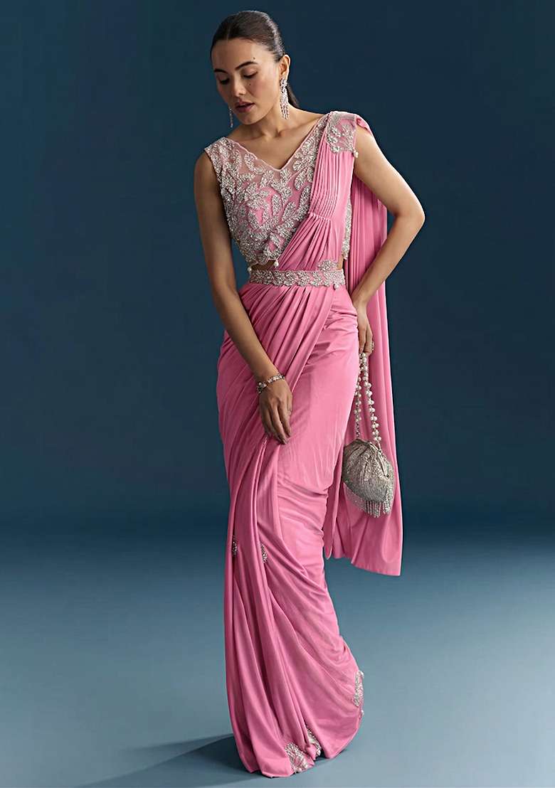 Pink Embroidered Handwork Pre Draped Saree Set - Indya