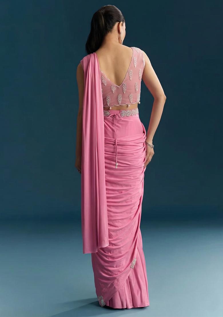 Pink Embroidered Handwork Pre Draped Saree Set - Indya