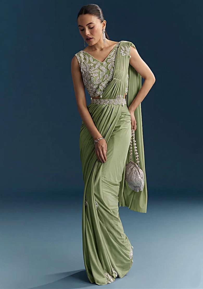 Sage Green Embroidered Handwork Pre Draped Saree Set - Indya