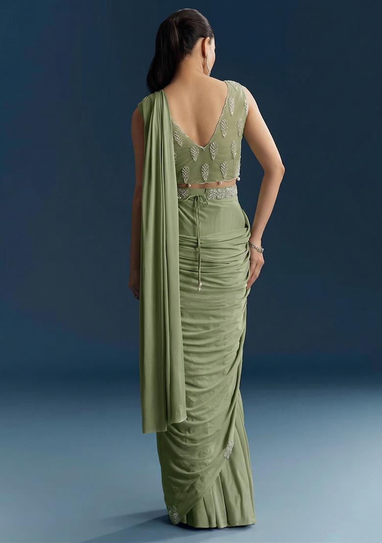 Sage Green Embroidered Handwork Pre Draped Saree Set - Indya