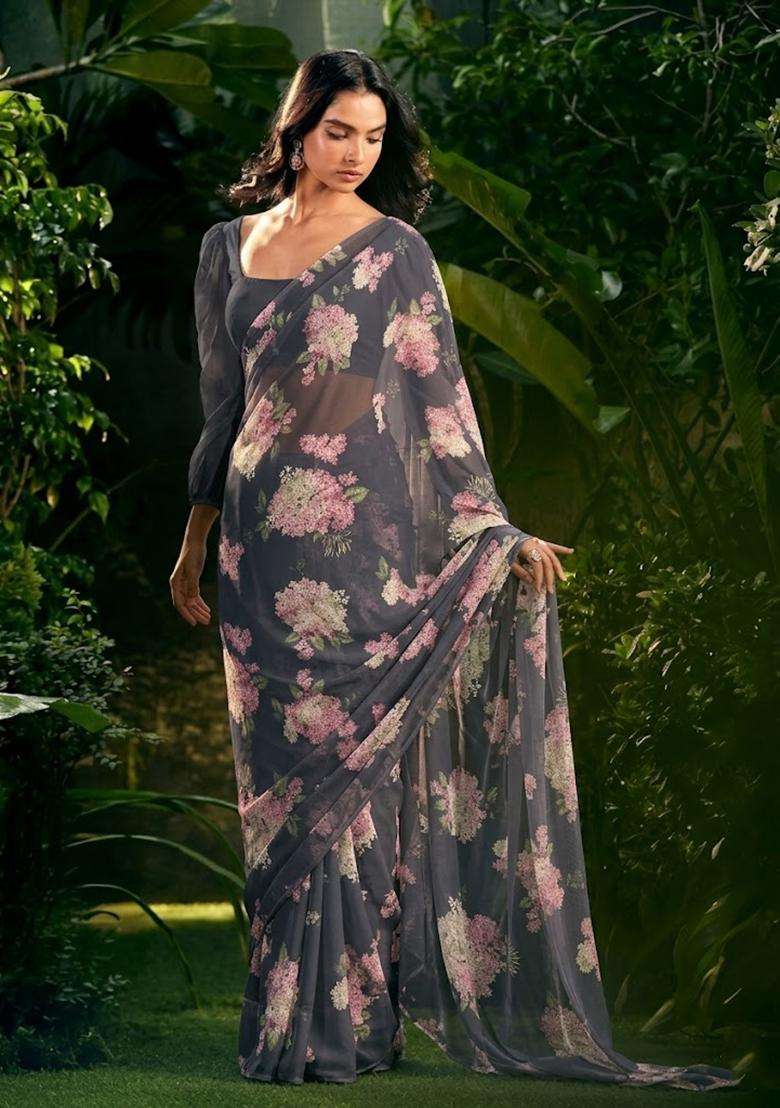 Charcoal Grey Floral Print Georgette Pre Draped Saree Set - Indya