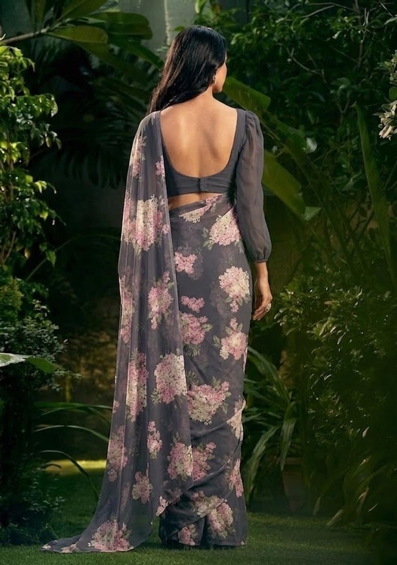 Charcoal Grey Floral Print Georgette Pre Draped Saree Set - Indya
