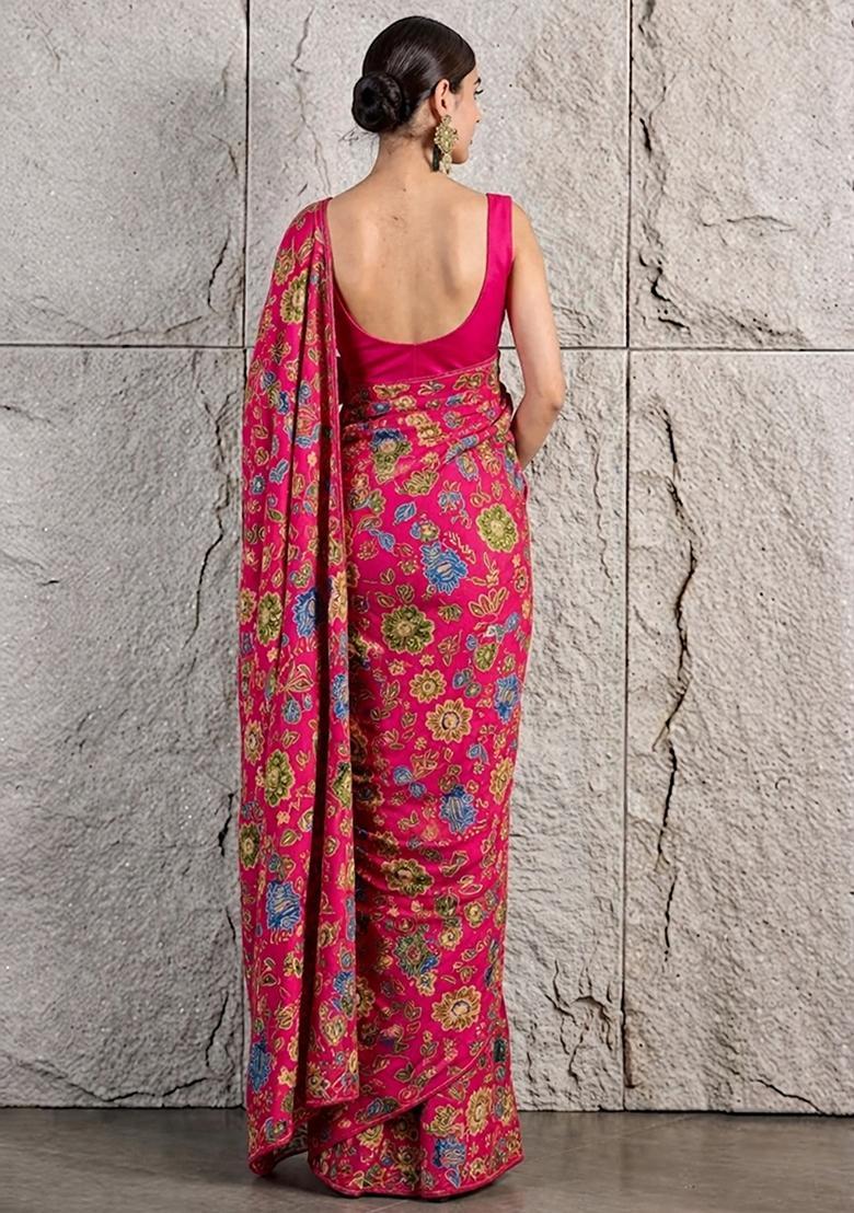 Magenta Pink Floral Print Crepe Pre Draped Saree Set - Indya