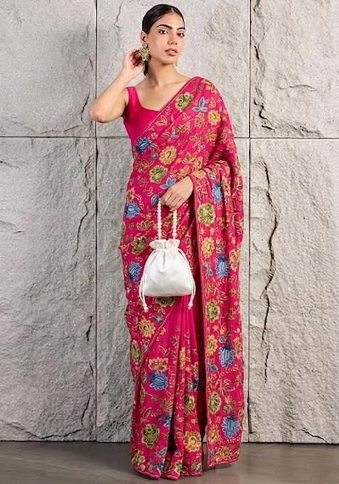 Magenta Pink Floral Print Crepe Pre Draped Saree Set