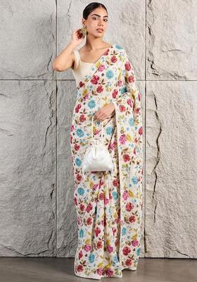 Off White Floral Print Crepe Pre Draped Saree Set