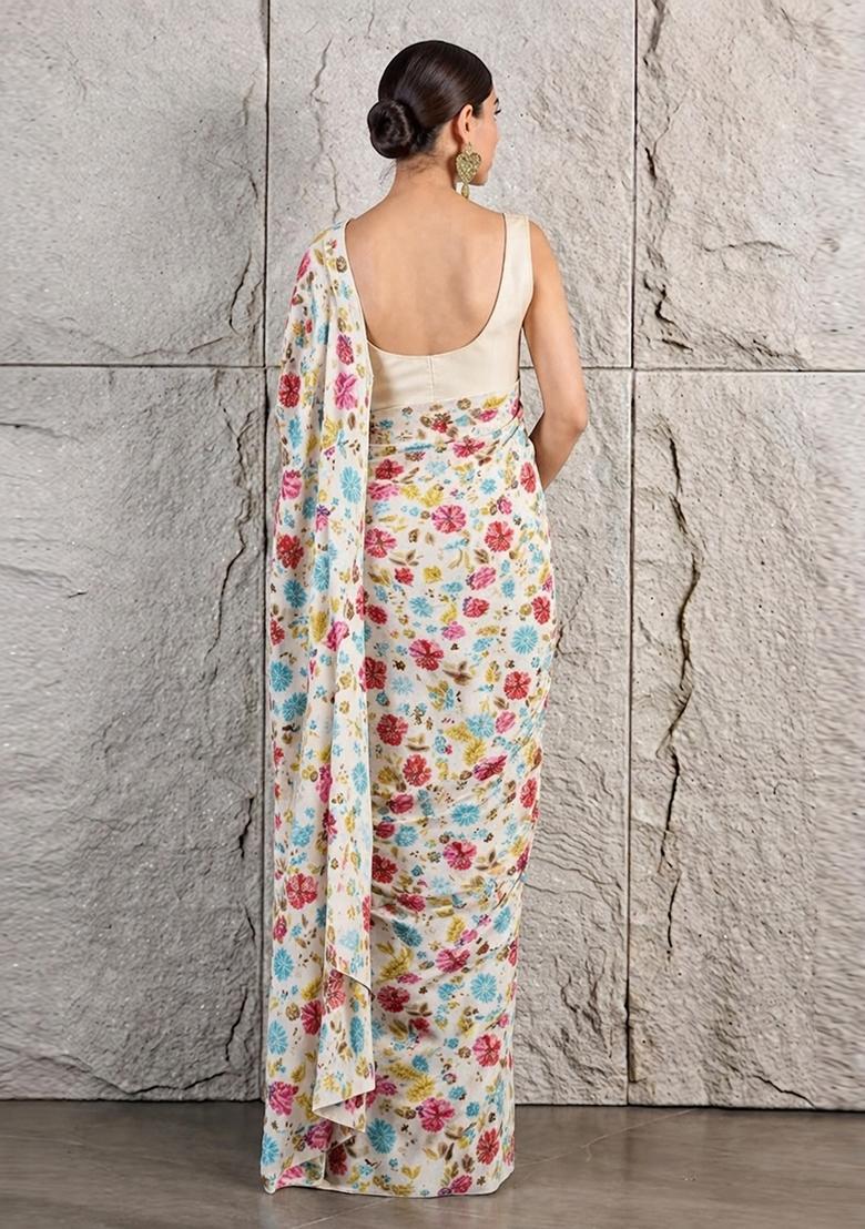 Off White Floral Print Crepe Pre Draped Saree Set - Indya